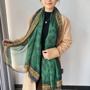 Elegant floral print chiffon long scarf with emerald tone and leopard print borders