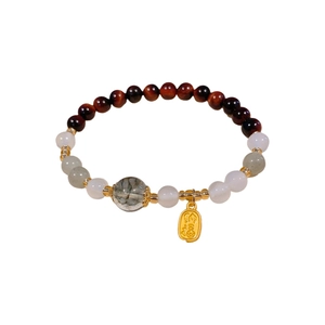 Green Phantom Crystal Tiger Eye beaded bracelet with gold Fu pendant for women