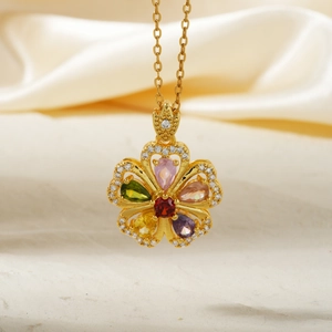 Colorful Zircon Flower Pendant Necklace Stainless Steel Gold Plated Rhinestone Floral Clavicle Chain Jewelry For Women
