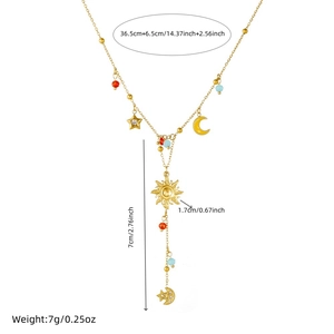 Golden stainless steel Y-necklace with sun, moon, star charms and beads dimensions