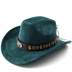 Classic dark green faux suede western cowboy hat with silver star and bull head buckle