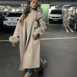 Elegant beige long wool coat with luxury faux fur cuffs and minimalist open-front design