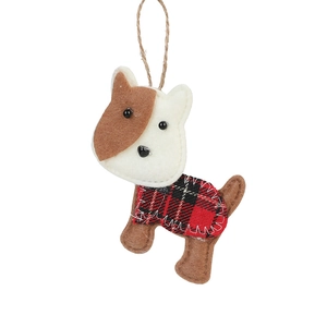 Felt puppy Christmas ornament with red plaid fabric and hanging rope for tree decoration
