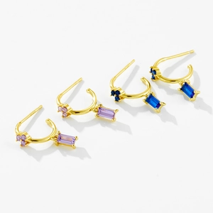 S925 sterling silver hoop earrings with purple and blue zircons in gold plating