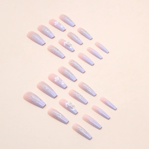 Blue-pink gradient long ballet press-on nails with sparkling glitter and 3D butterfly deco