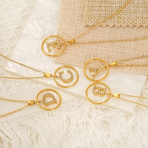 Necklace Pendant 18K Gold Plated 304 Stainless Steel Zircon Initial Letter A-Z Circle Charm Dainty Jewelry For Women