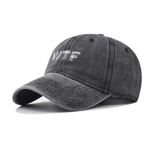 Vintage washed dark grey cotton baseball cap with white WTF embroidery on a white background