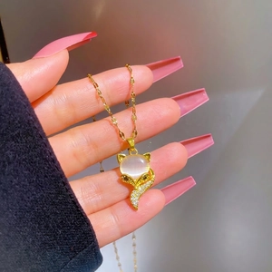 Fox Pendant Necklace Titanium Steel Chain Copper Inlaid Rhinestone Opal Clavicle Chain Elegant For Women