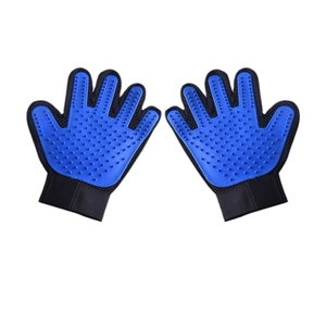 Blue pet grooming gloves with silicone massage nubs for hair removal and cleaning