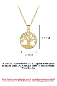 Macro detail of Tree of Life pendant with sparkling zircons and gold-plated chain