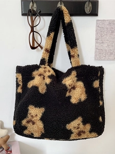 Fleece tote bag with teddy bear pattern, black plush handbag for winter and daily use