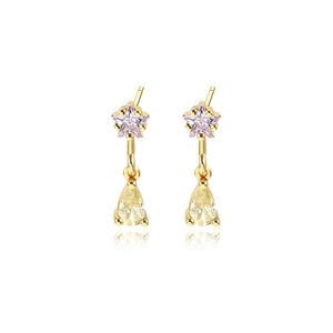 Golden earrings with pink star and yellow teardrop crystals on a white background