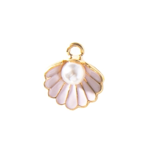 Golden shell pendant with light pink enamel and central pearl for DIY jewelry