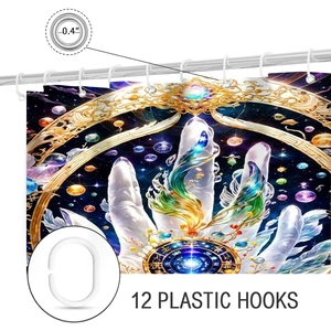 Détail des œillets métalliques et des douze crochets en plastique pour rideau de douche