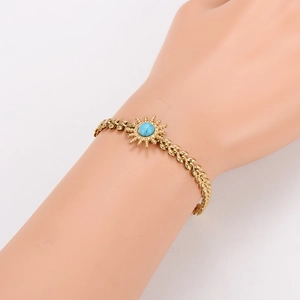 Vintage gold stainless steel bracelet with turquoise stone and wheat leaf pattern