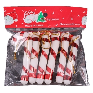 Set of 6 red and white plastic candy cane Christmas tree hanging ornaments in packaging