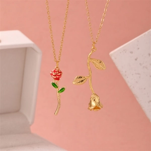 Vintage 3D rose flower pendant necklace set with gold chain and enamel detail