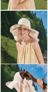Detail of sun hat with wide brim, tropical leaf pattern lining and elegant bow decoration
