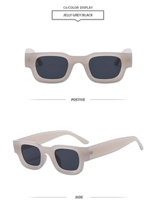 Front and side views of jelly grey square retro sunglasses with black lenses