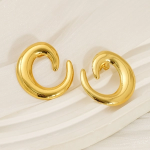 Golden chunky irregular C-shape titanium steel stud earrings on white wave base