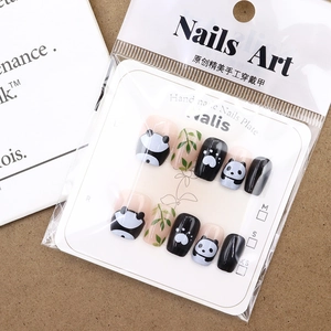 Handmade press-on nails set with cute panda and bamboo leaf patterns, 10 pieces pack