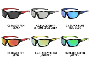 Matrix display of polarized sports sunglasses in six different lens and frame colors