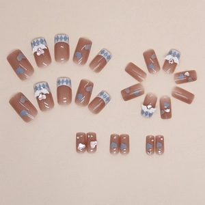 Blue heart and angel wing nail art set with diamonds on medium-long coffin shape nails