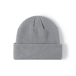 Thick dark grey ribbed knit beanie with wide cuff for winter warmth and comfort