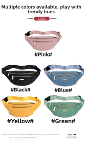 Detail view of nylon waist bags showing three zip layers and five color options in a row