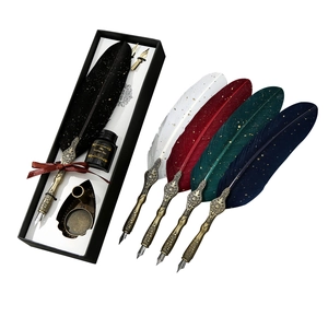 Vintage feather calligraphy pen set with five color pens and luxury ink gift box