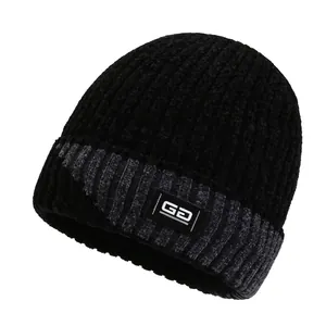 Men's winter knit beanie with chenille fleece lining and black grey striped pattern