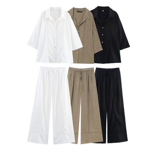Women Linen Blend Long Sleeve Shirt And Wide Leg Pants V Neck Hollow Out Casual Loungewear High Waist Trousers