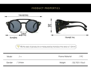 Detailed size chart for retro round sunglasses showing frame width and lens height measurements