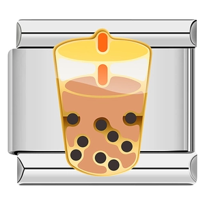 Detailed macro view of a stainless steel Italian charm link with bubble tea enamel design