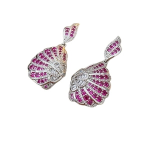 French court style silver earrings with teardrop hollow shell shape and pink crystals