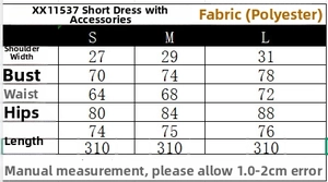 Detailed size chart for women mini dress including bust waist and hip measurements