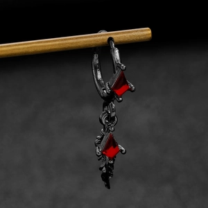 Gothic black metal hoop earring with red rhombus gems and intricate feather texture detail