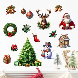 Christmas Wall Stickers PVC Waterproof Self Adhesive Decals Santa Claus Snowman Reindeer Tree Decor For Home Window