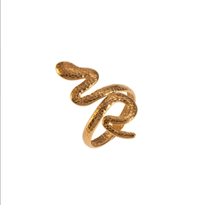 Detail of gold snake wrap ring featuring a unique hammered metal texture and serpent design