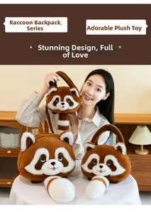 Detail of soft plush raccoon backpack with realistic faux fur texture and striped tail