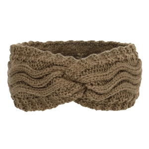 Detailed knit texture of a brown winter twist headband with warm fleece lining