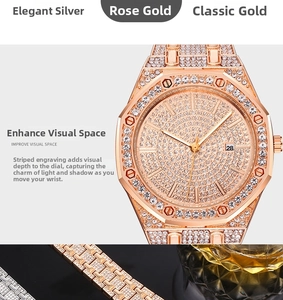 Close-up of rose gold iced-out watch with crystal bezel and calendar display function