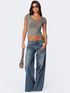 Jean Jambe Large Femme Denim Coton Imprimé Nœud Papillon Délavé Vintage Coupe Ample Taille Haute Pantalon Streetwear