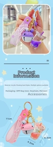 Detail of acrylic milk tea cup keychain with unicorn liquid sand and size specifications