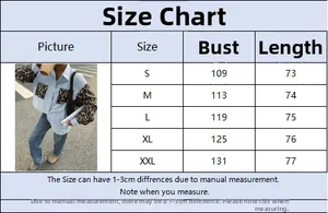 Size chart showing bust and length measurements for leopard print long sleeve shirt