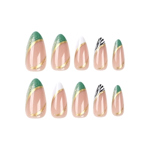 Almond-shaped press-on nails with green gradients, gold leaf, and zebra patterns