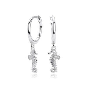 Elegant S925 sterling silver seahorse dangle earrings featuring a 3D ocean life design