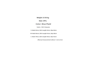 Detailed size chart for blue plaid asymmetric A-line skirt in S, M, and L sizes