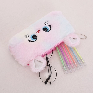 Rainbow gradient plush cat pencil case with large capacity and cute 3D ears