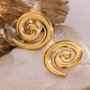 Polished 18k gold plated spiral stud earrings displayed on a natural stone background